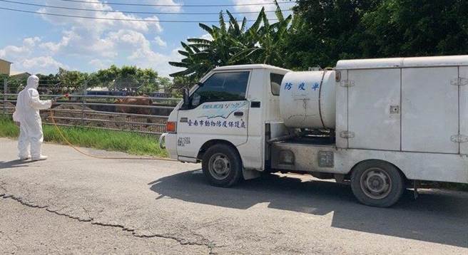 台南市针对养牛场内外环境进行清洁消毒。(台南市政府提供／曹婷婷台南传真)