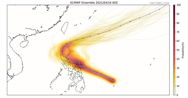 受高压影响，舒力基路径西修，离台湾更近。（翻摄台湾颱风论坛脸书）