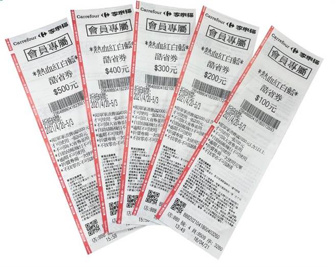 家樂福熱血紅白藍第3波推出36億元購物金的酷省劵，購物可享優惠。（家樂福提供）