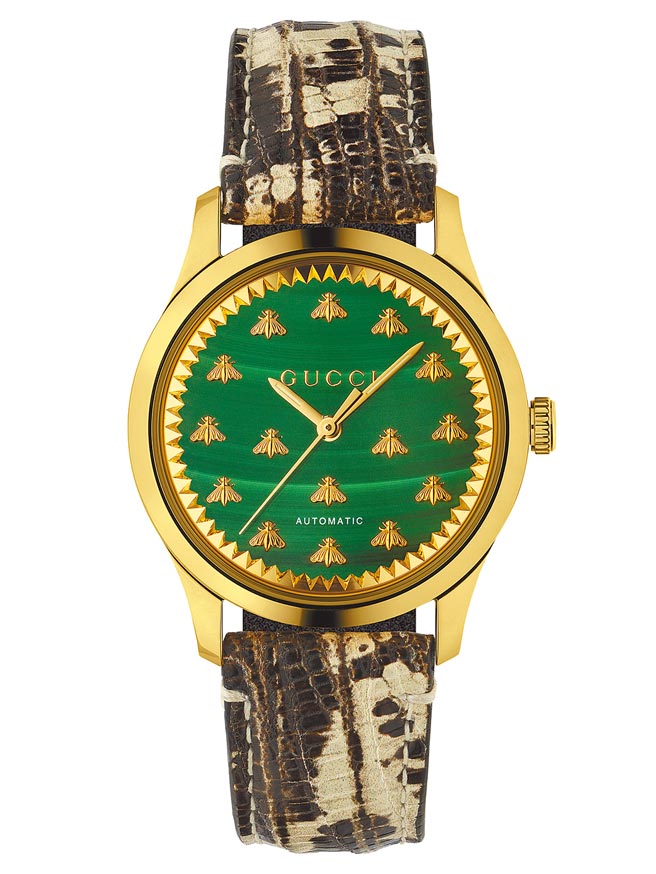 GUCCI的G-Timeless系列孔雀石18K金腕表，58万9000元。（GUCCI提供）