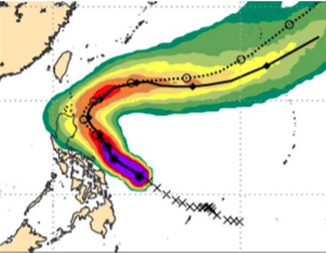 最新欧洲模式模拟，「舒力基」路径以在吕宋岛东侧向北迴转机率最高，周四最靠近台湾，路径看似有威胁，但因为中央山脉屏障，中南部仍无降雨。(翻摄自 三立准气象· 老大泄天机)