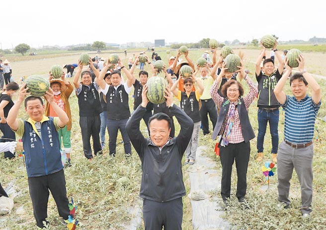 鹿草乡一年一度的西瓜节18日登场，嘉县长翁章梁（前）带领大家一同下田体验採果乐趣。（嘉县政府提供／张亦惠嘉县传真）