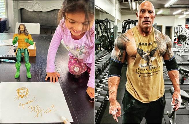 巨石強森的老爸地位受到挑戰，因為小女兒Tia現在眼裡只有水行俠。(取材自巨石強森IG)