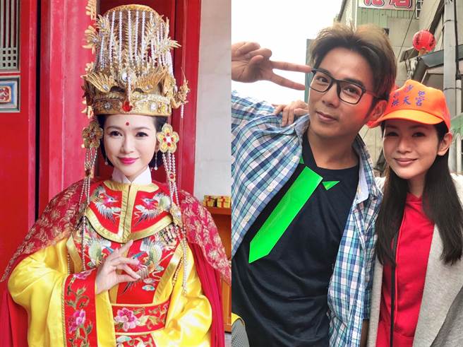 曾演过妈祖的星卉，19日在白沙屯巧遇曾演过千里眼的陈子强。（星卉提供、林淑娟摄）