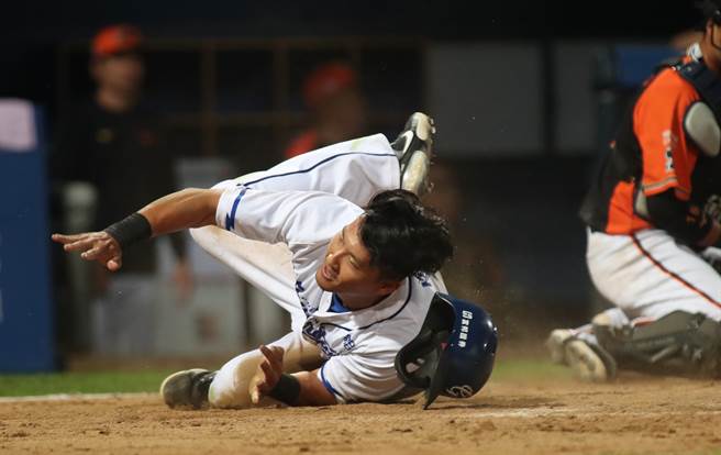 富邦悍將林哲瑄跑回本壘得分。（鄭任南攝）