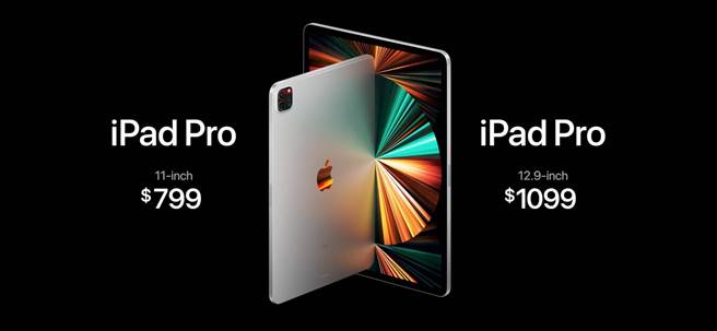 苹果全新的iPad Pro，11吋美国定价为799元美元起（约台币2万2500元），台湾定价为2万4900元起；12.9吋美国定价为1099元美元起（约台币3万900元），台湾定价为3万4900元起；美国将于30日开放预购、5月中正式开卖，台湾官网目前未有释出推出日期。（翻摄直播画面）