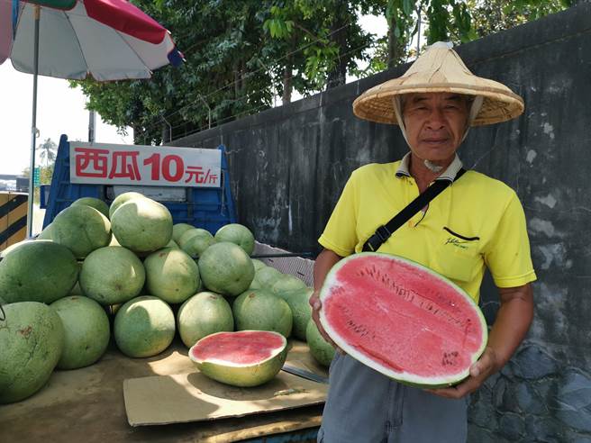 善化瓜农胡国兴长年于瓜田附近路旁摆摊，以1斤10元产地价回馈给消费者。(刘秀芬摄)