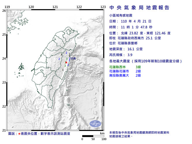 花莲寿丰发生规模3.9地震，最大震度3级。(翻摄自 中央气象局)
