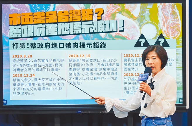 针对美国莱猪开放进口后，行政部门疏于管理稽查，导致产地标示失去公信力，国民党文传会主委王育敏（见图）、发言人江怡臻及副主委王鸿薇20日召开记者会，要求政府严守把关，呼吁民眾用公投终结莱猪进口。（范扬光摄）