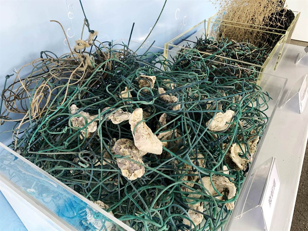 台灣化學纖維股分有限公司為擴大海洋廢棄物用利用，把嘉義沿海常見的蚵繩回收還原再製成布料。（呂妍庭攝）