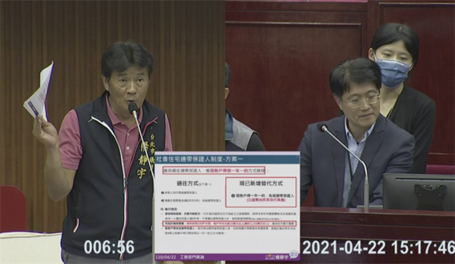 北市议员杨静宇（左）认为北市社宅租赁办法刁难弱势者。（截自北市议会影片）