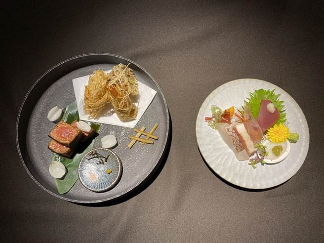 「飞花落院」餐食标榜和宅料理美学，刺身盛合以虾母、小卷、白魽（鱼甘）与烟仔虎共构而成。（王文吉摄）