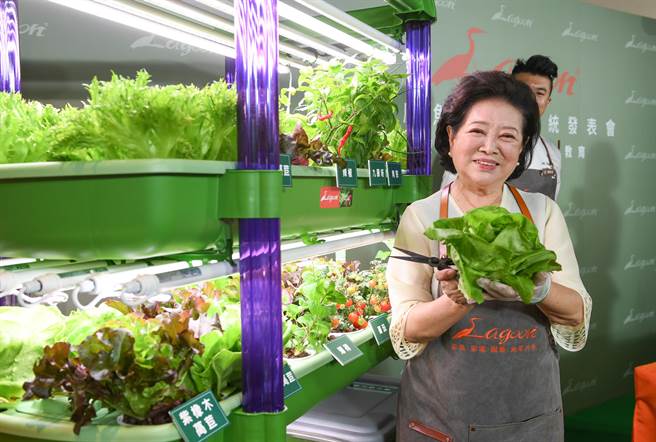 陈淑芳今为家庭鱼菜共生系统的新产品站台。（Lagoon提供）