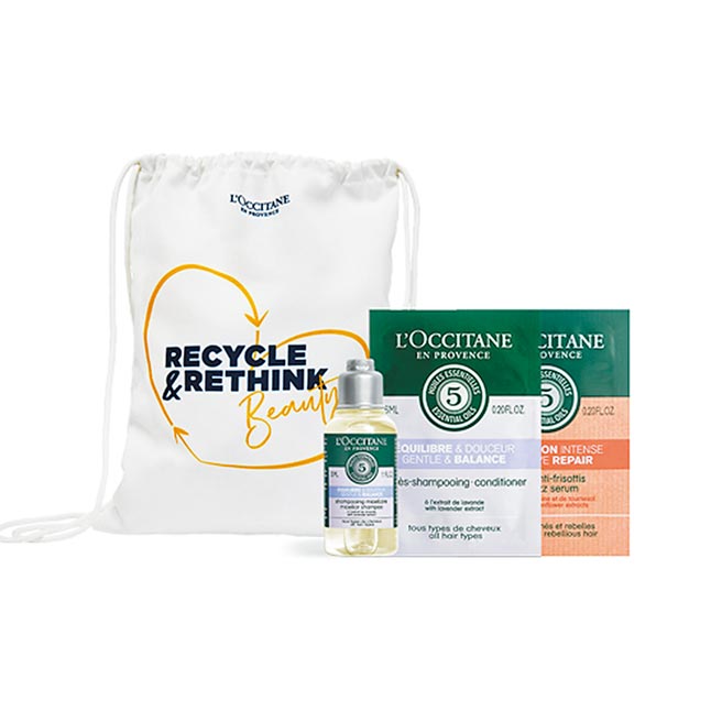 頂級保養歐舒丹另期間指定消費，自備購物袋，贈限量環保抽繩束口袋（見圖），官網活動自即日起至27日，購買補充包，或大容量商品可享免運優惠。（歐舒丹提供）