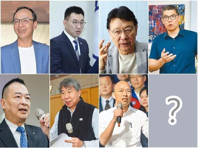 国民党主席今年7月改选，热门人选渐渐浮出台面，包括前党主席朱立伦（上排左起）、现任党主席江启臣、中广董事长赵少康、国民党智库副董事长连胜文、前主计长韦伯韬（下排左起）、孙文学校总校长张亚中、前高雄市长韩国瑜。（合成图／资料照、摘自周锡玮YouTube）
