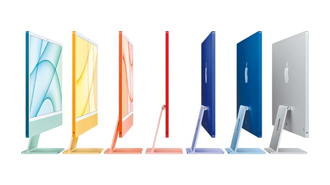 蘋果全新的iMac，共推出7色機身，包括藍、 綠、 粉紅、 銀、 黃、 橙及紫，搭配同色系巧控鍵盤、滑鼠及觸控式軌跡板，定價則為3萬9900元起。（翻攝蘋果官網）