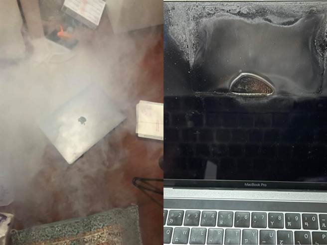 1名网友使用苹果电脑约3年，11日使用该电脑2小时后，电脑突发出恐怖鞭炮声，接着机身狂冒浓烈白烟，萤幕与键盘都有燃烧溶解痕迹。（图／翻摄自脸书「爆料公社二社」）