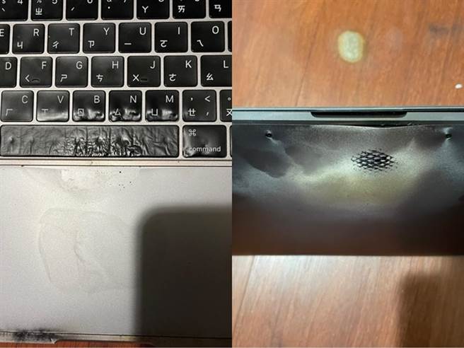 1名网友使用苹果电脑约3年，11日使用该电脑2小时后，电脑突发出恐怖鞭炮声，接着机身狂冒浓烈白烟，萤幕与键盘都有燃烧溶解痕迹。（图／翻摄自脸书「爆料公社二社」）