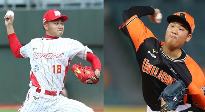 味全龙徐若熙（左）与统一狮古林睿炀上演新生代火球男对决。（报系资料照）