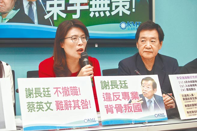 国民党立法院党团立委郑丽文（左）、费鸿泰（右）等人26日举行记者会，要求立刻召回谢长廷，不要继续留在日本丢人现眼。（陈信翰摄）