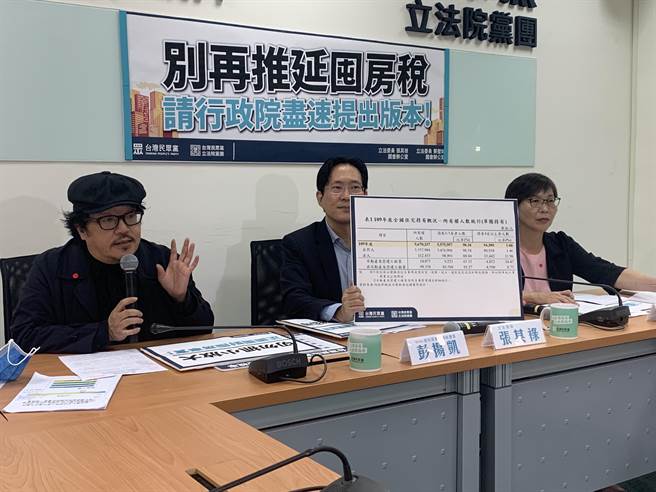 民眾党民眾党团干事长蔡壁如、立委张其禄及彭扬凯今举行「落实居住正义，别再推延囤房税」记者会，呼吁行政院尽速提出囤房税修法草案。（林缙明摄）
