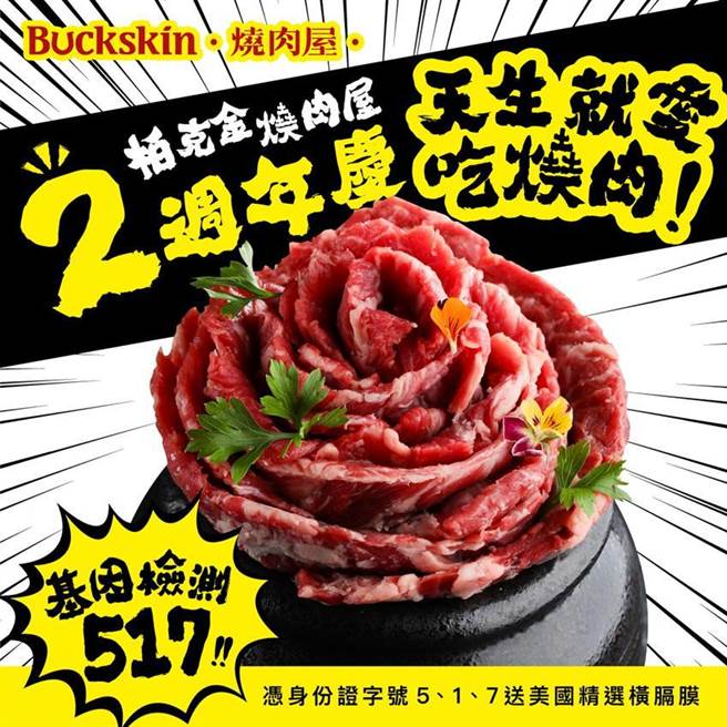 （「柏克金烧肉屋」二周年庆，身分证有「5」、「１」、「７」的消费者用餐送「美国精选横隔膜」。图／柏克金烧肉屋提供）

