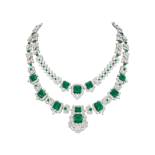 梵克雅宝珠宝展上最贵的作品Etincelles d'emeraudes可转换式项炼，11颗共重39.04克拉哥伦比亚祖母绿，约2亿元。（Van Cleef & Arpels提供）