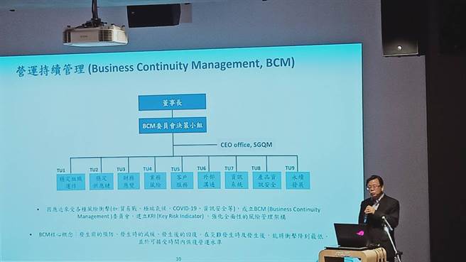 华硕共同执行长胡书宾说明，将风险管理平台提升为营运持续管理委员会(BCM)。(任佩云摄）