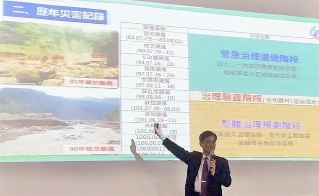水保局南投分局长陈荣俊，在「双水论坛」说明防灾治理歷程。（廖志晃摄）