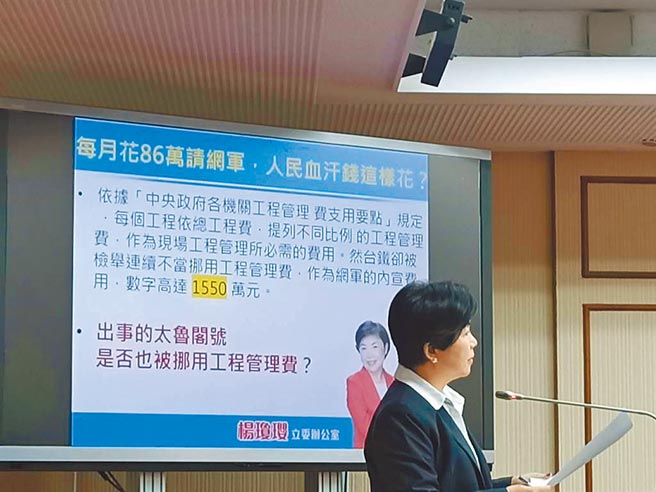 國民黨籍立委楊瓊瓔痛批台鐵每月花86萬雇用網軍。（簡立欣攝）