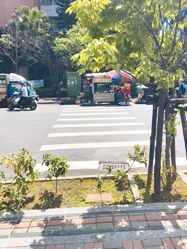 三芝國小校門外行人穿越線一頭與花圃相接，另一頭與變電箱相接，另學校外家長接送區臨停牌誌，和實際上下學時間不符，新北市議員鄭宇恩日前會勘要求改善；交通局回應，全案將於5月底前改善完成。（鄭宇恩提供／戴上容新北傳真）