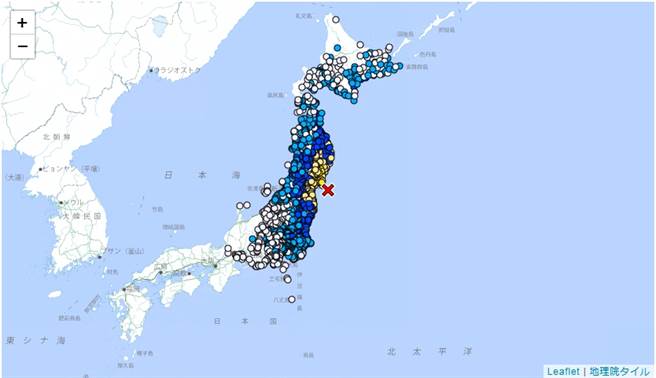 日本宮城縣當地時間1日上午10時27分(台灣時間9時27分)發生規模6.6地震。(圖/日本氣象廳)