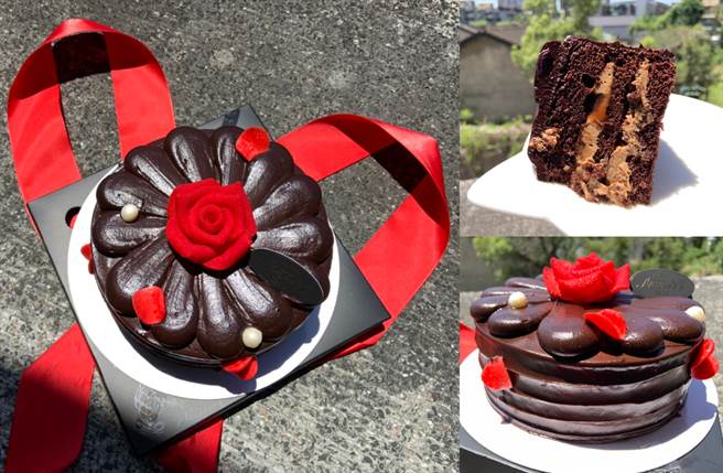 以70%比利时巧克力酱搭配唐寧伯爵茶内馅，蕴含大人味的茶香与苦甜的浓醇巧克力，缀上职人手作的单朵红玫瑰，是最适合和妈妈一起享受的大人味甜点。（图／杨婕安摄）