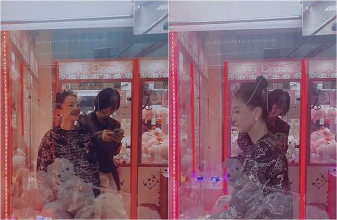 周迅专注夹娃娃，最后却失败，她露出尷尬的傻笑表情。（图／取材自i周迅微博）