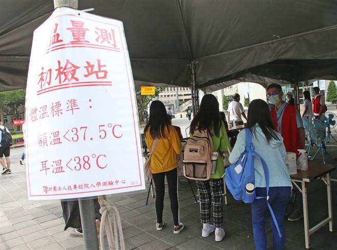今日约有9.6万名考生应试，考生进入分区学校应配合量体温、戴口罩，如经复检仍有发烧或呼吸道症状，将安排防疫试场应试。（图／记者赵双杰摄影）