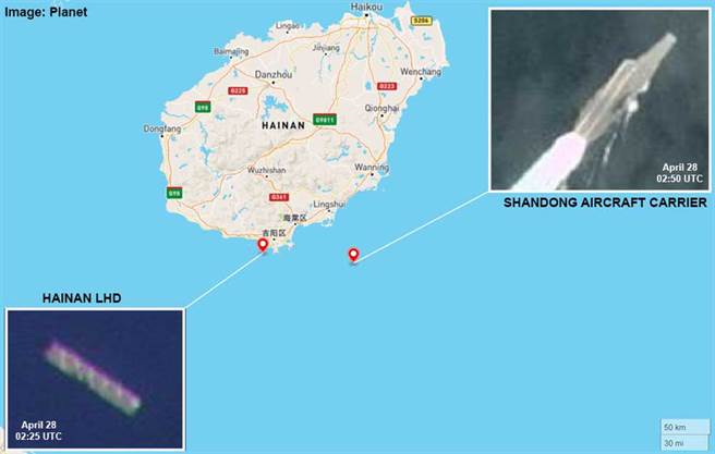 大陆国产航母山东舰日前前往海南岛附近，中共国防部也宣布它在南海进行例行演训，近日才入列的075两栖攻击舰海南舰也同时离港。图为美国行星实验室卫星拍摄到2舰活动的照片。（图／Planet Labs)