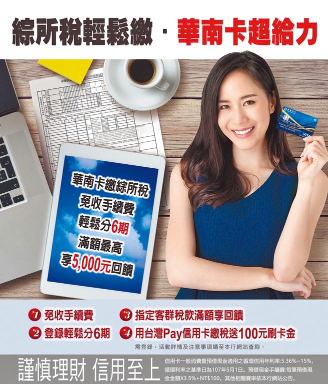 华南卡针对缴纳综所税祭出多项优惠与回馈。（华南银行提供）