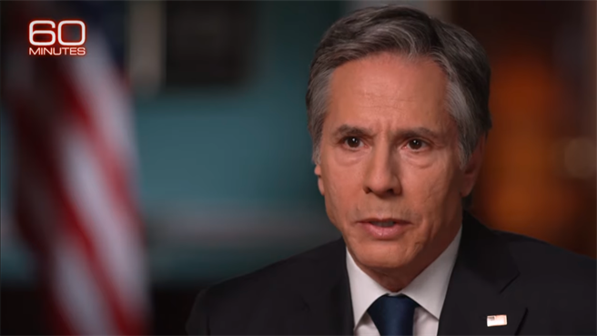 布林肯表示，中国当局在国内压制自由，在国外咄咄逼人，是美中关系恶化主要原因。（图／CBS 60minutes截图)