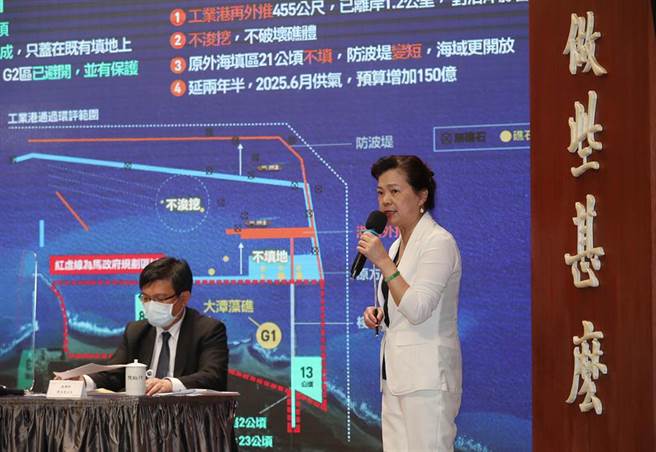 政院3日召开三接再外推方案说明记者会，出席的经济部长王美花（右）详细说明外推方案的具体内容，以及迁移方案不可行的理由，并指出外推方案的因应与挑战。（刘宗龙摄）