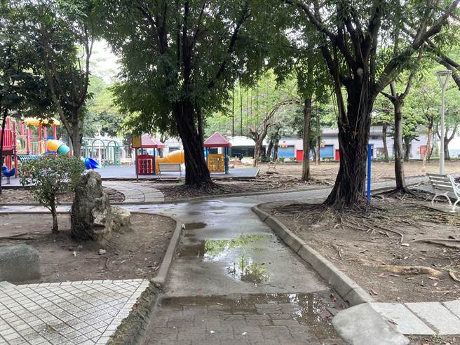 岡山和平公園四周花台破損且大多無植栽，未來將會改善。（林瑞益攝）