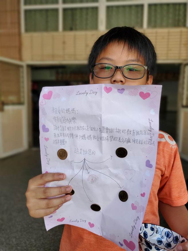 王家彬小朋友在信上贴5个1元硬币，祝福妈妈不缺钱、很有钱。（周丽兰摄）