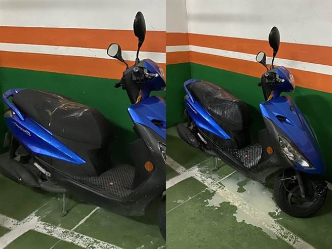 1名网友日前检举自家社区外违停红线的车辆，竟遭疑似车辆的主人恶意报復，不但他的机车前后轮遭锁住，还被砸鸡蛋、泼牛奶。（图／翻摄自PTT）