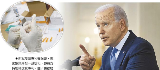 新冠疫苗专利权保护，美国总统拜登一改抗拒，转为支持暂时放弃专利。图／美联社