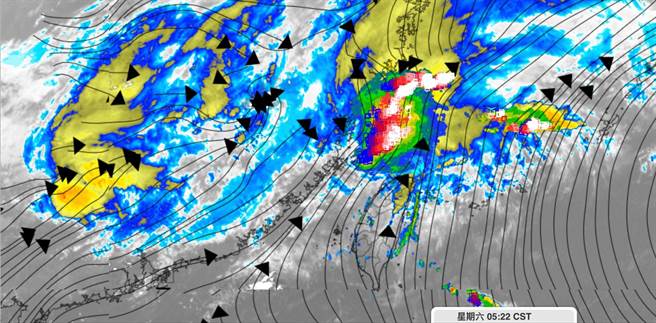 滞留锋较强对流(红色区域)卡在台湾北部海域，势力不及本岛，无法带来明显雨势。（翻摄彭启明脸书）