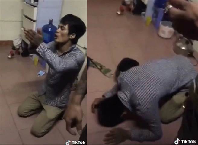 綠帽罩男下跪求房東告訴他妻子外遇真相。（圖／TikTok_sinhle1068）