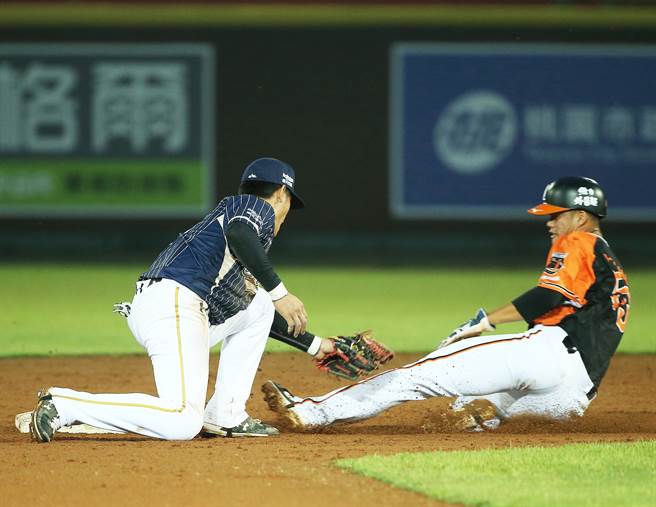 统一狮队新秀何恒佑（右）一军初先发5打数尽墨，只靠着失误上垒，之后盗二垒失败，生涯首安还要再等等。（陈怡诚摄）