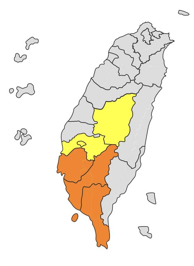 高雄市、屏东县、嘉义县、嘉义市、南投县等县市已亮起高温灯号。（取自气象局）