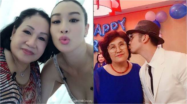 锺丽缇俏皮地和妈妈玩嘟嘴自拍，而婆婆开心接受儿子张伦硕的亲吻，亲子的好感情全都露。（图／取材自锺丽缇微博）