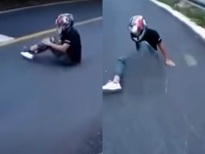 1名骑士在山路中以压车连续过弯，疑似车身太倾斜导致失控自摔；目击者上前关心状况时，竟发现骑士的左脚踝开放性骨折，脚掌几乎已脱离脚部。（图／翻摄自八卦村-行车纪录器影片上传中心 youtube频道）