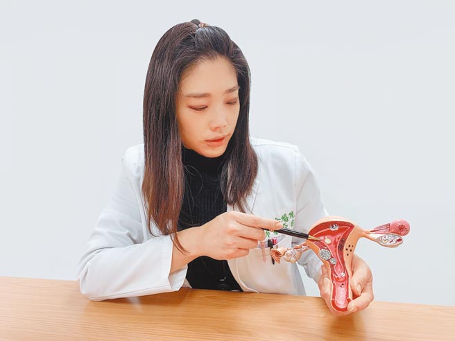 妇产科医师蔡亚伦示意病人子宫肌瘤生长位置。（国泰医院提供）